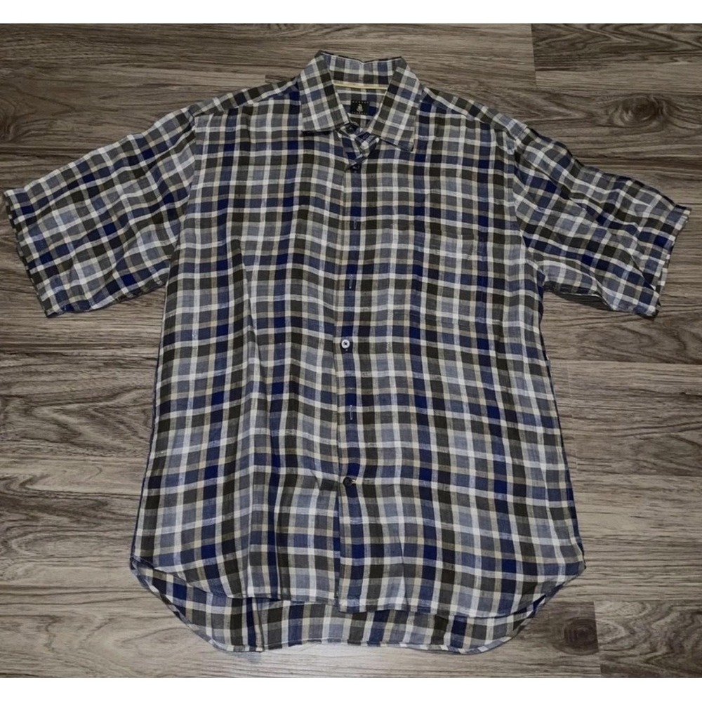 Robert Talbott Shirt Mens L Blue Plaid Linen Short Sleeve Button Up Casual